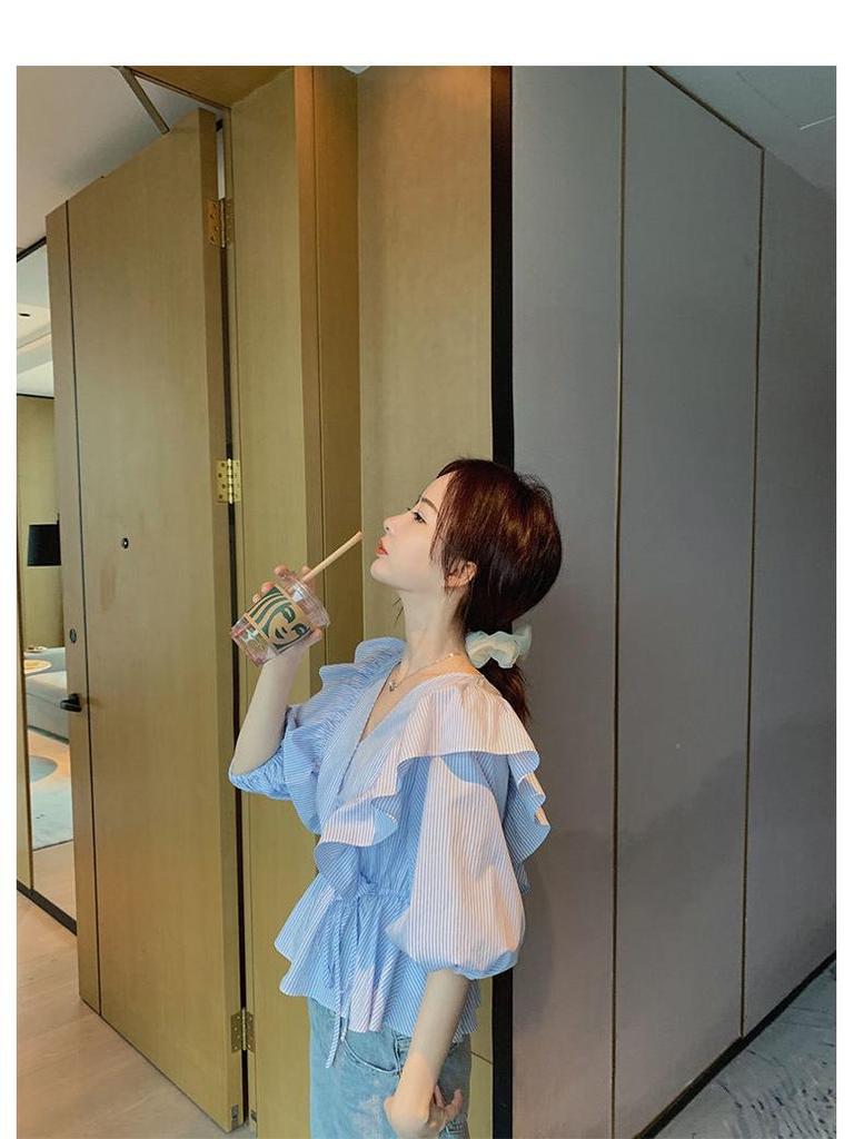 Women's Blue Striped Ruffle V-Neck Top - Short Sleeve Korean Style for Spring/Summer