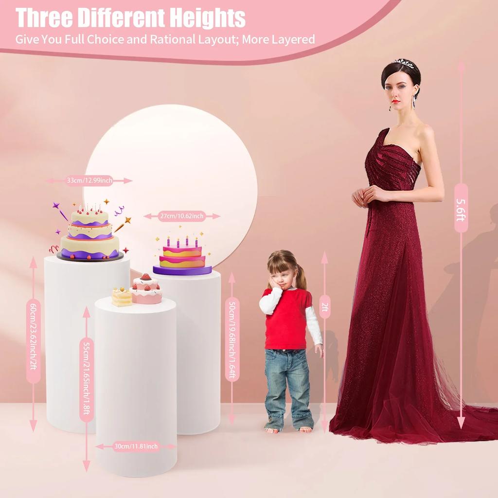 3-delige Cilindrische Displaystandaard (50 cm, 55 cm, 60 cm), Overlappende Witte DIY Decoratieve Tafel, Dessertschaal voor Bruiloften & Feesten