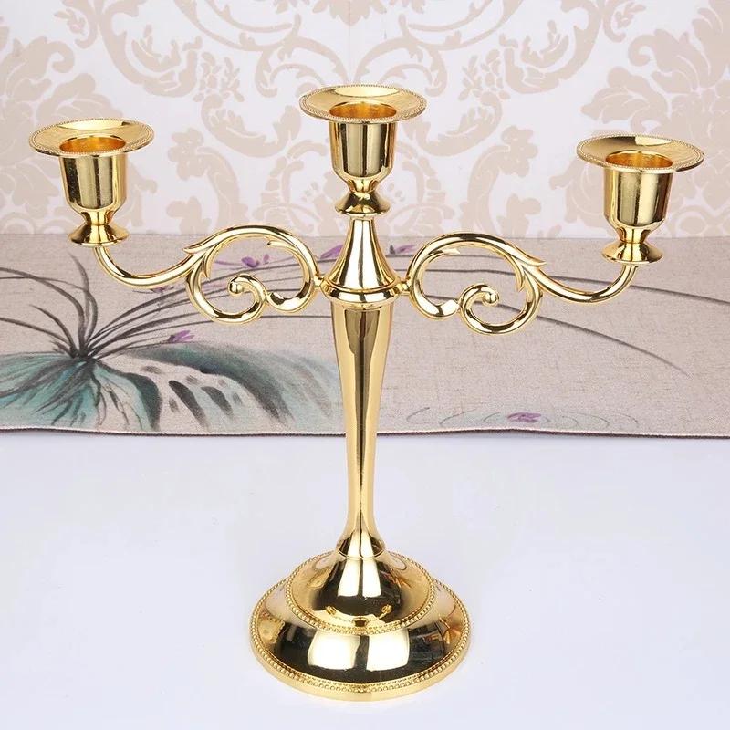 Retro 3-Arms Candelabra For Wedding Prop, Candlelight Dinner, Hotel & Home Decoration, Metal Gold/Bronze Plated Candle Holder