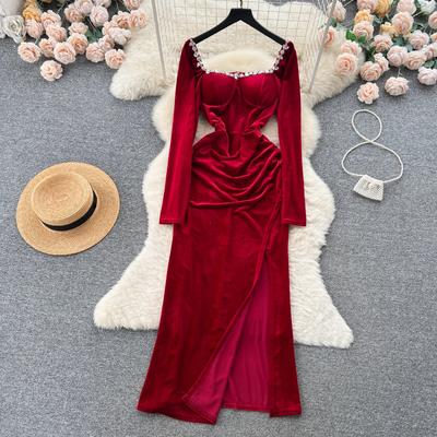 Elegantní šaty se čtvercovým výstřihem, sametově rozdělené šaty Dámské jednobarevné elegantní vintage oblečení s dlouhým rukávem Dámská korejská móda Slavnostní midi šaty 2024