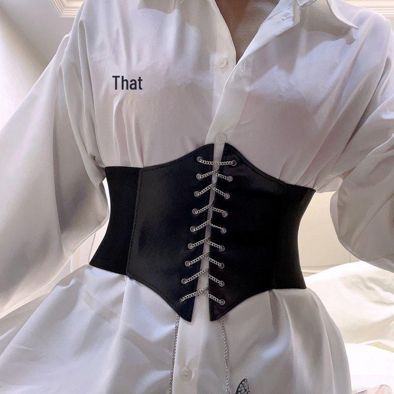 Women's Wide Corset Waistband with Tie-up Bow and Chain Embroidery