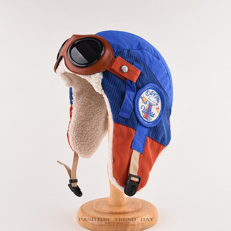 

Корейская версия шапок-сплайсов для мужчин и женщин, осенне-зимнее тепло, защита ушей, влагоотводящая, бархатная, очки молодого пилота, модная шапка синий