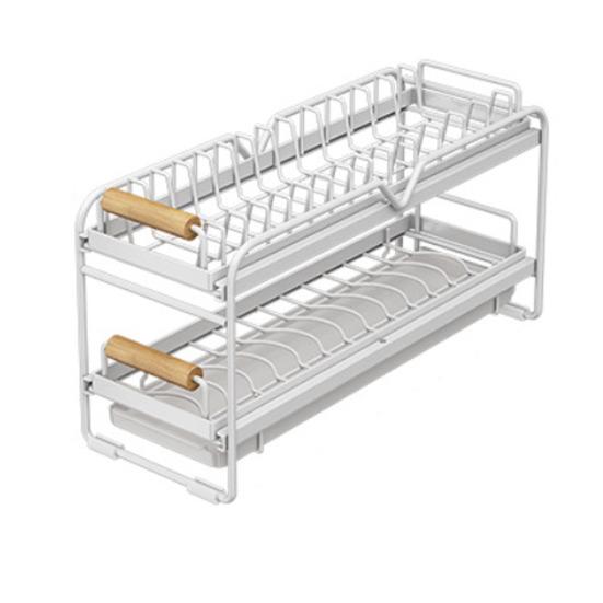Dish Storage Rack Drawer Type Carbon Steel Frame Wooden Handle Organizer Rational Use of Space Drying Rack for Kitchen