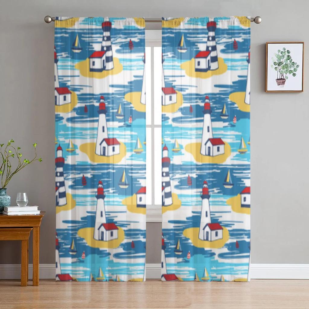 Colorful Lighthouse Landscape Sheer Curtains for Living Room Transparent Tulle Window Curtain Bedroom Kitchen Decor Veil Drapes