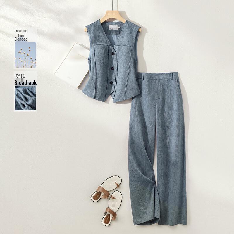 IHIMI Women s Linen-Feel Vest & Wide-Leg Pants Set 2XL джинсовый синий