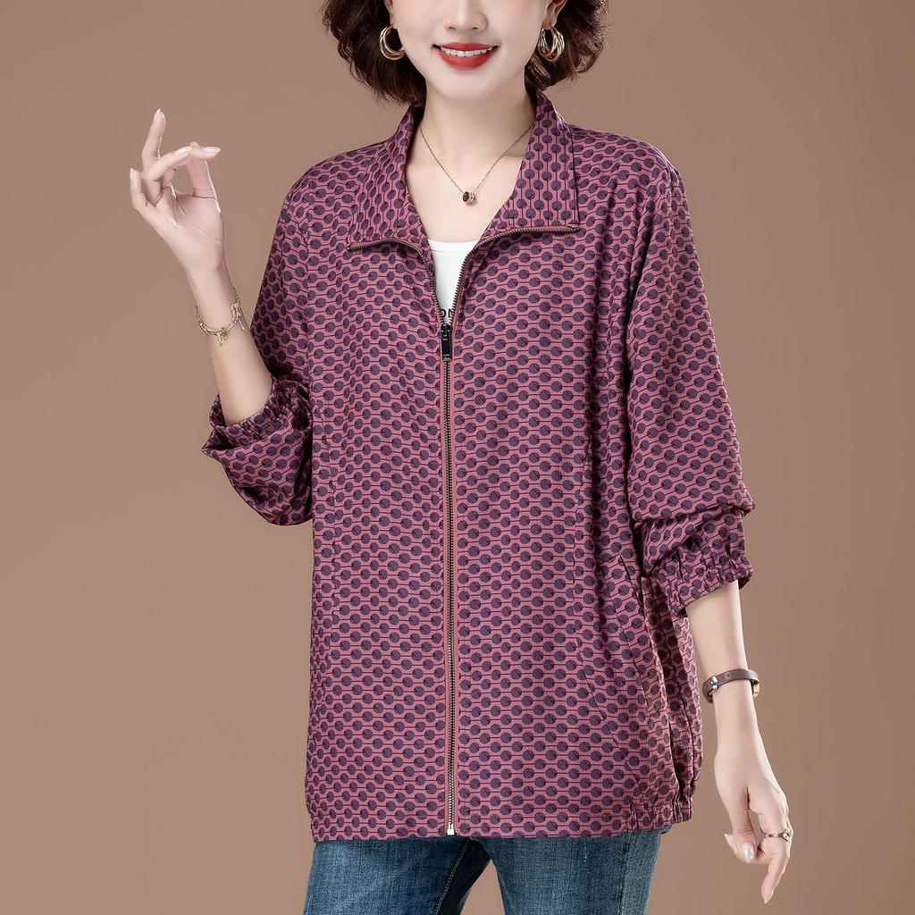 Polka Dot Stand Collar Plus Size Jacket for Women - Stylish Spring/Autumn Trench Coat for Middle-Aged Moms