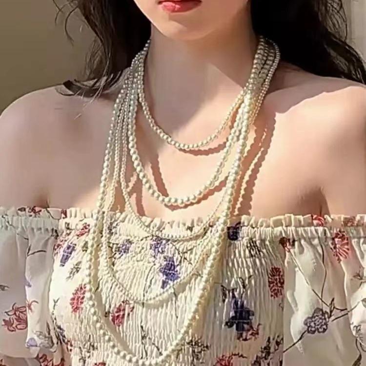 French design sense three-layer glass pearl long necklace sweater chain with small fragrant style retro gentle long necklace
