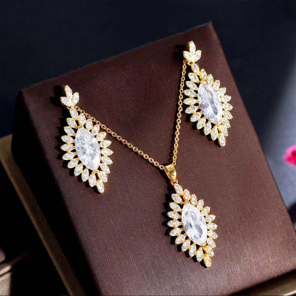 Copper Inlaid Zircon Earrings Necklace Two-Piece Set Exotic Style Women'S Elegant Pendant Earrings Jewelry Set Chain