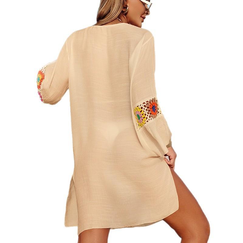 New Patchwork Flower Block Beach Dress Fabric Flower Beach Vacation Sun Protection Smock for Women