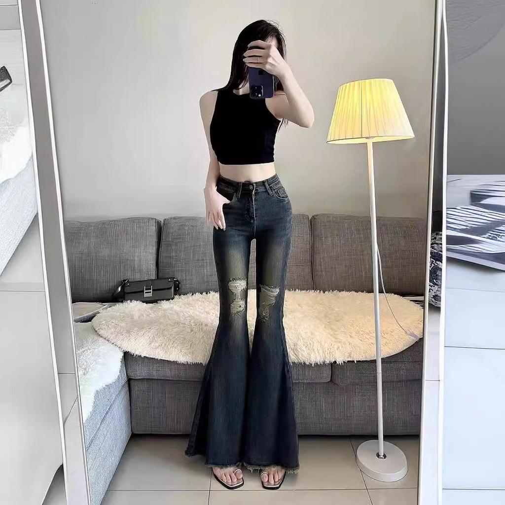 Hot Girl Retro Fishtail Flared High Waist Ripped Jeans