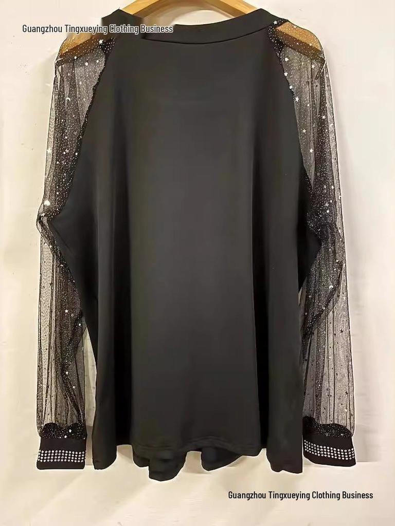 European & American Rhinestone Mesh Sleeve Highlight T-shirt