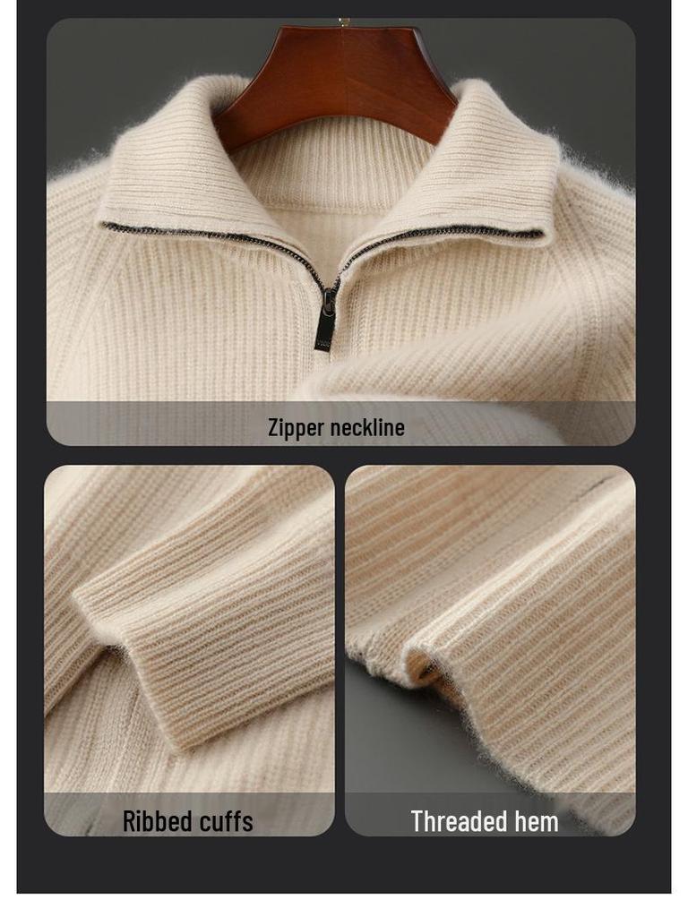 Herren-Cardigan-Pullover aus reiner Wolle mit hohem Kragen und Reißverschluss - Herbst/Winter Dick gestrickt, einfarbig