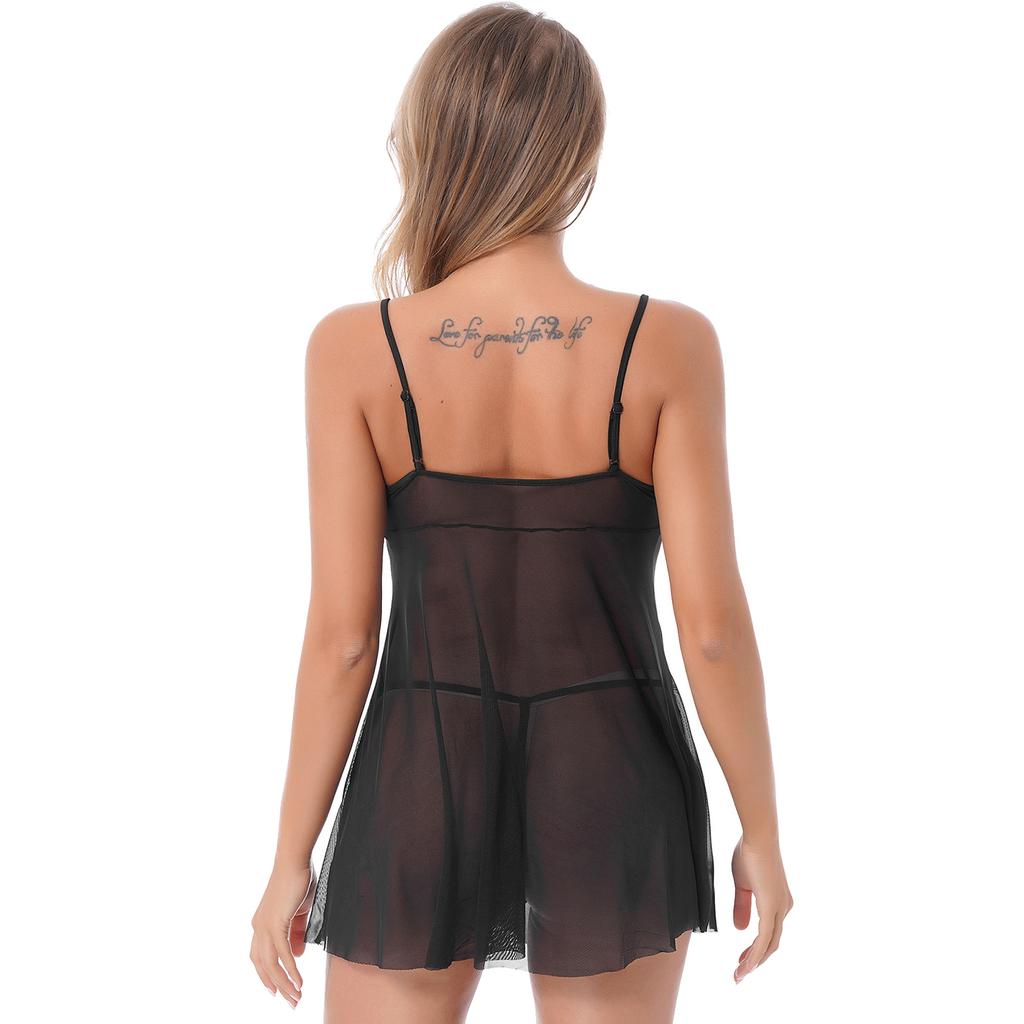 Dámská průsvitná síťovaná souprava spodního prádla - Plus size krajková babydoll s nastavitelnými ramínky a G-string noční prádlo