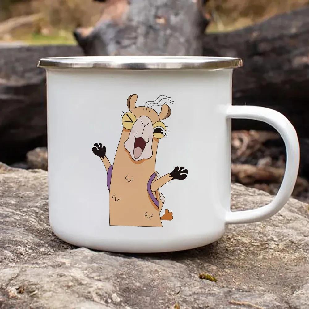 

Cartoon Happy Alpaca Enamel Mug Best Gift for Friends Metal Cup Unusual Tea Cup of Coffee Original Breakfast Cups and Mugs Beer 360ml