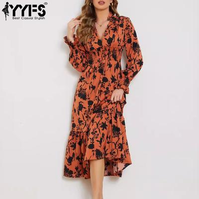 Moda donna primavera autunno manica lunga scollo a V vita alta abiti casual