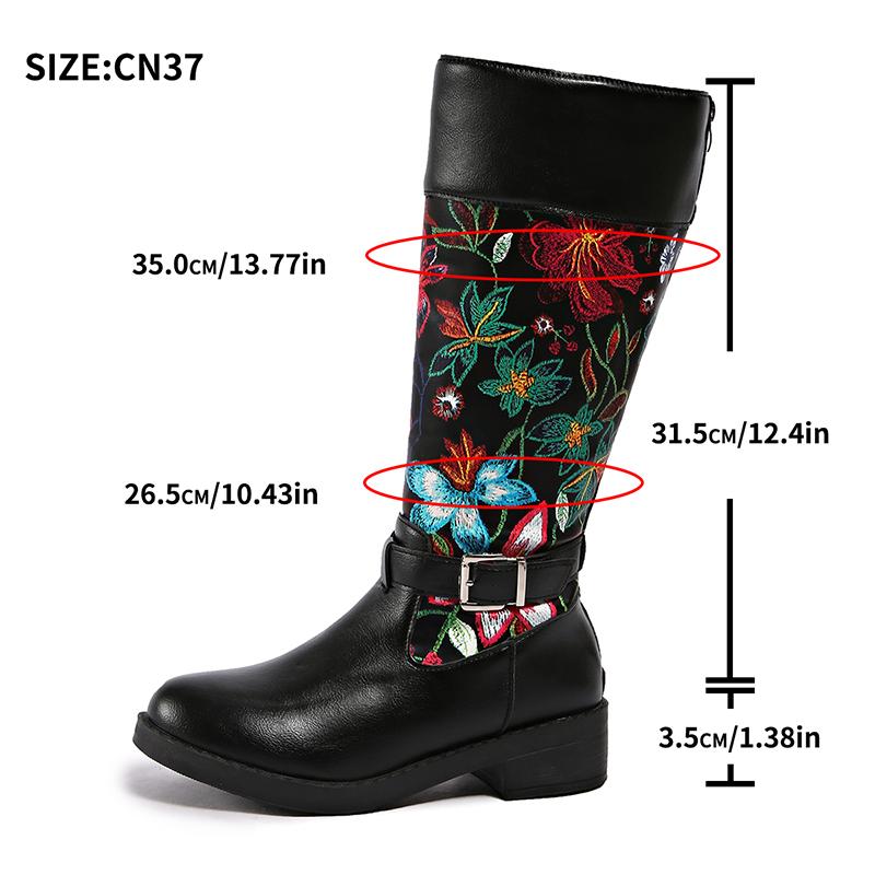 Flowers Print Knee High Boots Women Plus Size 35-43 Thick Heels Long Boots Woman Back Zipper Decor Bohemian Knight Botas Mujer