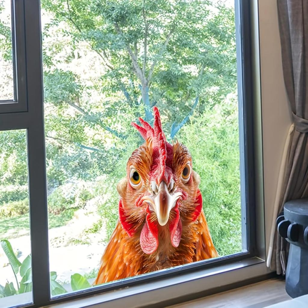 Rooster Window Stickers - Realistic Chicken Head Peeking Static Decal | Farm Animal Novelty Decal for Windows & Glass Doors