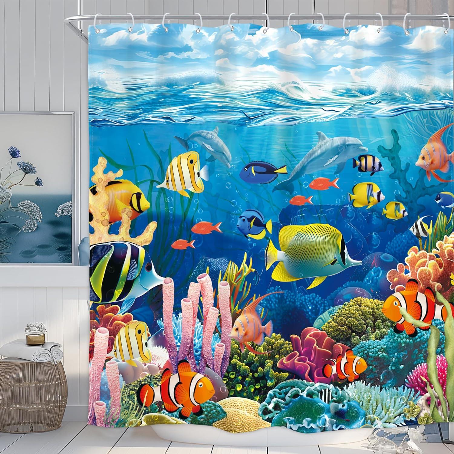 

Colorful Underwater Ocean Fish Coral Reef Shower Curtain Machine Washable All Season Waterproof Privacy Protection Easy To Clean W60H190(CM)-1 Pcs