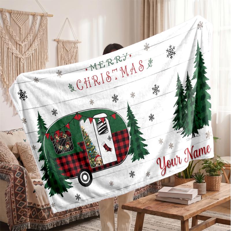 Couverture en Flanelle Personnalisée avec Nom Imprimé de Noël Confort Chaud Jeté de Lit Décoration de Maison Cadeau de Fête