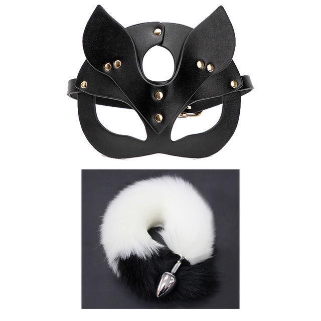 Erotic SM Role-Playing Mask & Metal Butt Plug Tail for Couples: Female Slave Training & Punishment