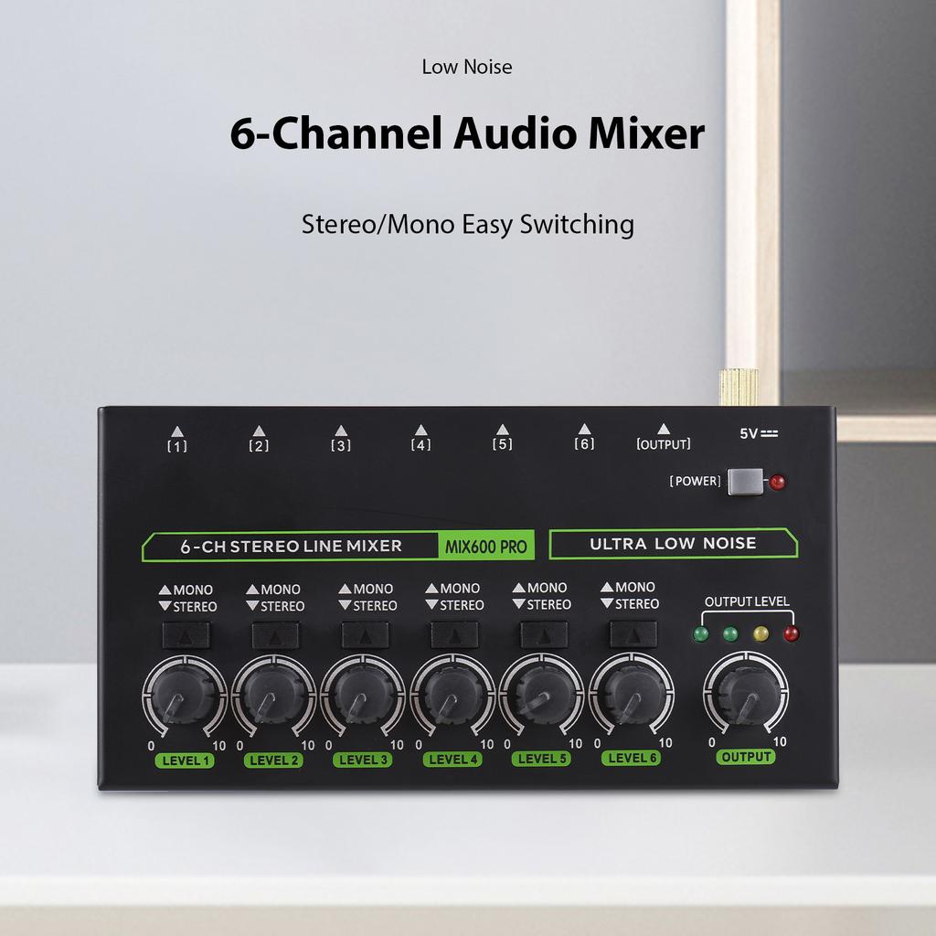 6-Channel Audio Mixer Mini Audio Mixer Stereo Mono Switching 6.35mm TRS/TS Input Metal Shell Type-C