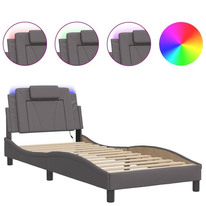 VidaXL Cadre de Lit avec Lumières LED, Lit Rembourré avec Coussin, Lit Simple, Lit Adulte Chambre, Moderne, Gris 90x190 cm 3213990