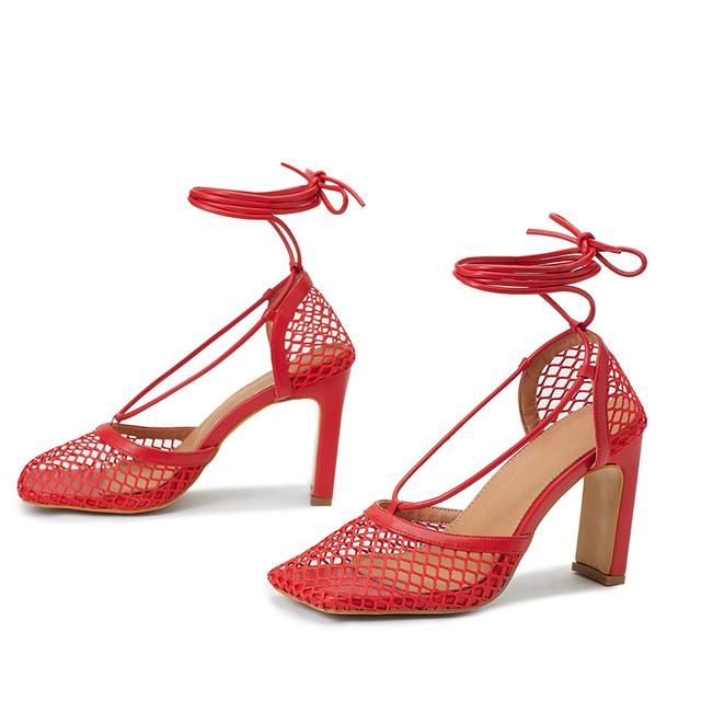 

Летние женские босоножки на высоком каблуке 9,5 см, женские фетиш-гладиаторы, желтые босоножки на блочном каблуке, пикантные туфли на шнуровке, сетчатый ремешок с перекрестием 35 красный