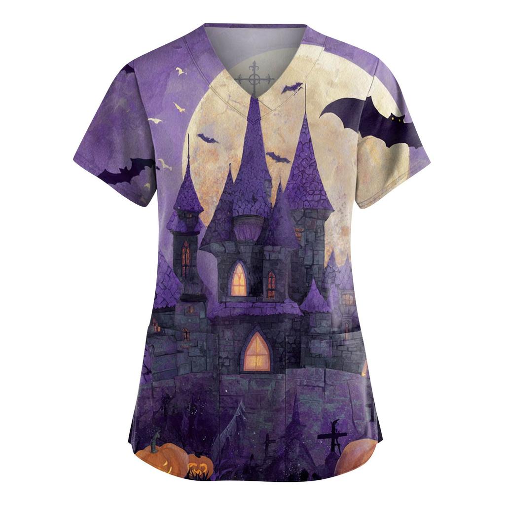 Women's Fashion V-Neck Short Sleeve Overalls With Pockets Halloween Printed Tops  Apparel
