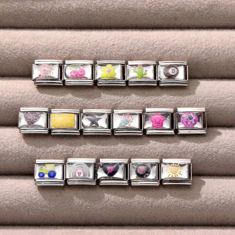 Y2K Colorful Charm Sun Leopard Heart Star Ball Fruit Flower Italian Charm Links Fit 9MM Stainless Steel Bracelet DIY Making Gift