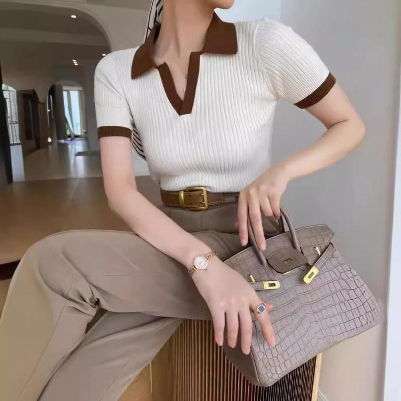 Kadın Yazlık Mizaç Slim Fit Kısa Kollu İnce ve Niş Tişört Üst için Fransız Polo Yaka Kontrast Renkli Örme Kazak