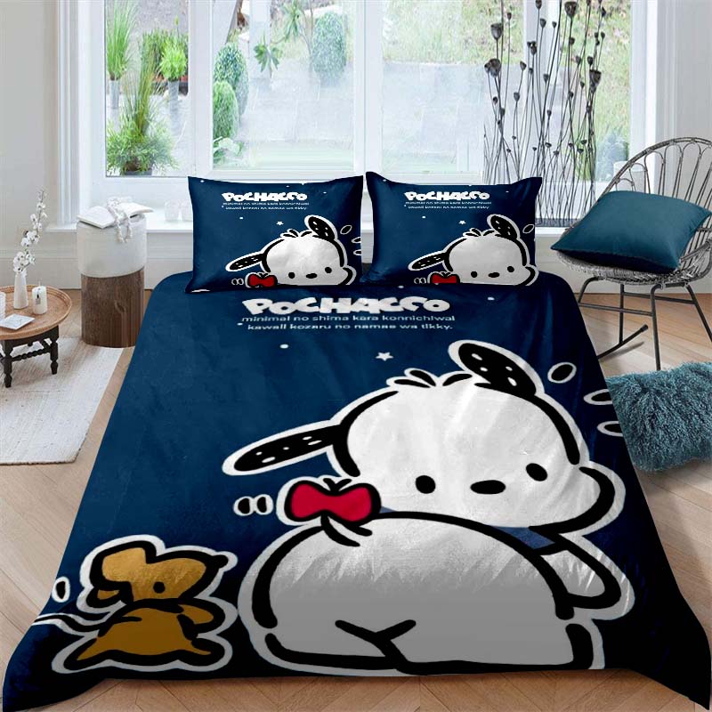 The new cartoon Pochacco dog themed three piece bedding set for 2026, including duvet covers and pillowcases, is the perfect cho
