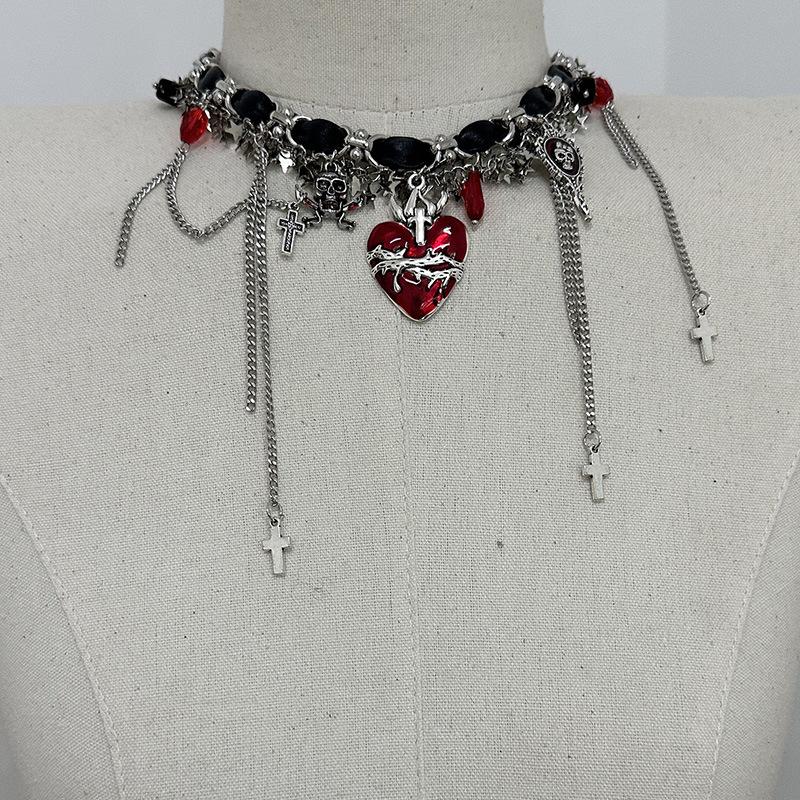 Tooxika New Niche Unique Personality Multi-element Cardinal Heart Cross Tassel Necklace Dark Wind Spicy Girl Collarbone Chain