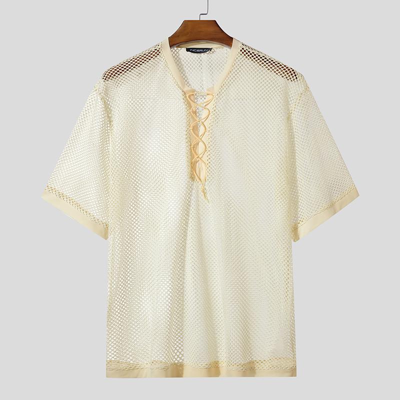 

INCERUN Мужские футболки с коротким рукавом, шнуровкой на шее, сетчатые, прозрачные, для пляжа S