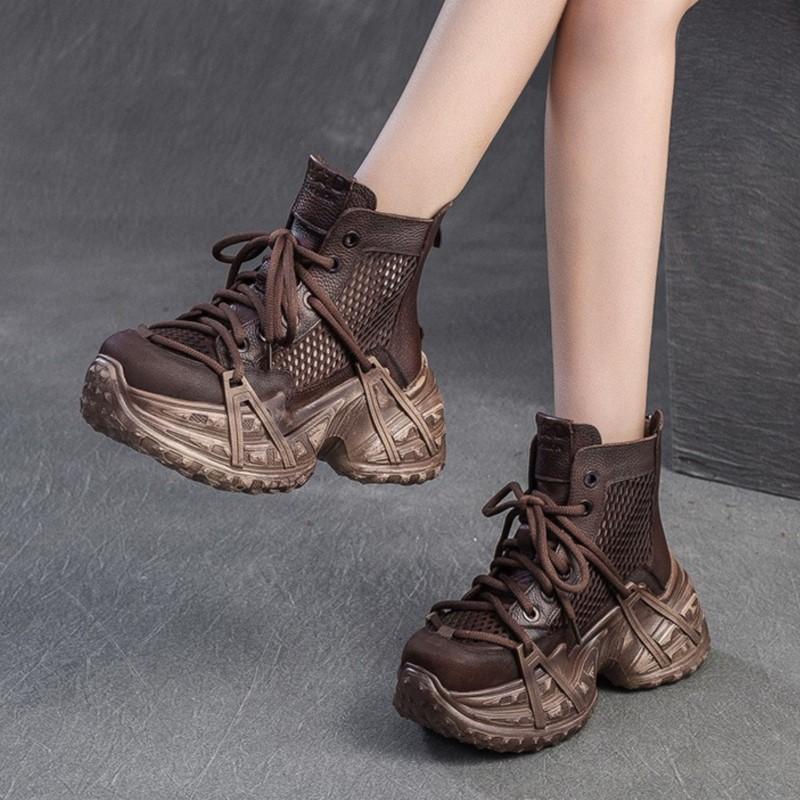 Johnature Vintage Genuine Leather Splicing Mesh Breathable Hollow-out Boots Women's Platform Shoes
