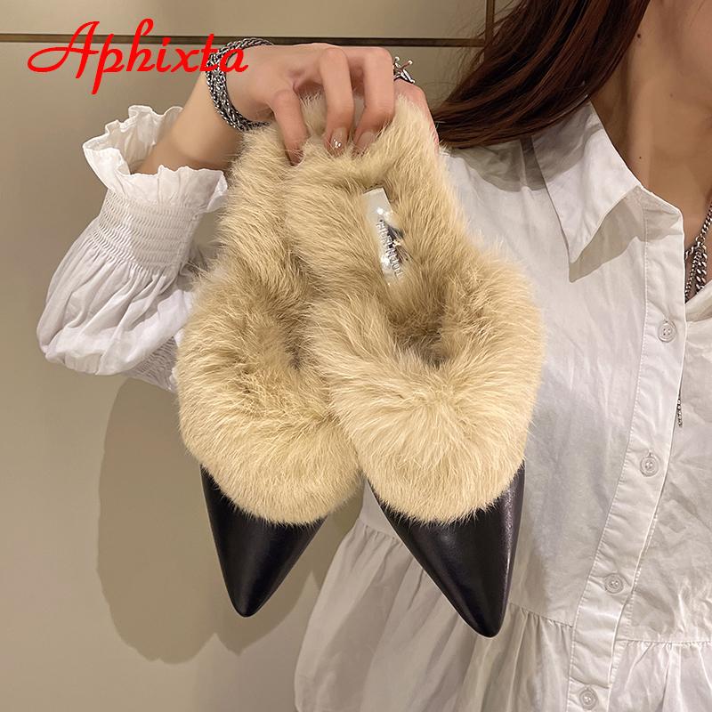 Aphixta Nouvelles Pantoufles d'Hiver Chaudes en Vrai Fourrure de Lapin Peluche pour Femmes Chaussures à Carreaux Fourrées Oiseaux Bout Pointu Talon Plat Diapositives à Cheveux