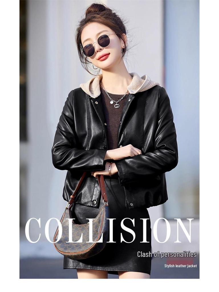 Modna damska kurtka ze skóry PU - z kapturem, ocieplana polarem, dopasowana, krótki styl Petite na wiosnę i jesień 2025