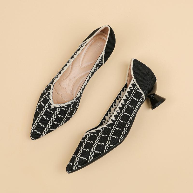 Spring and Summer New Flying Woven Shoes Single Shoes Women's Shallow Mouth High Heels Pointed Breathable Single Shoes Leopard Print