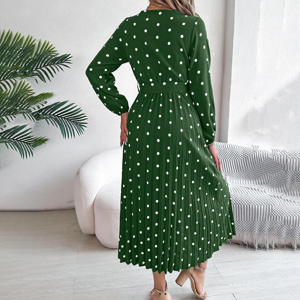 Abito lungo da donna autunno inverno a maniche lunghe con pieghe a pois e vita alta