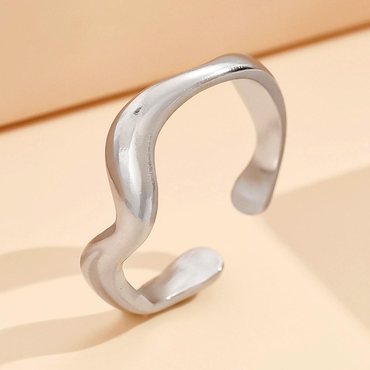 Irregular Curve Wave Adjustable Stainless Steel Open Ring for Women