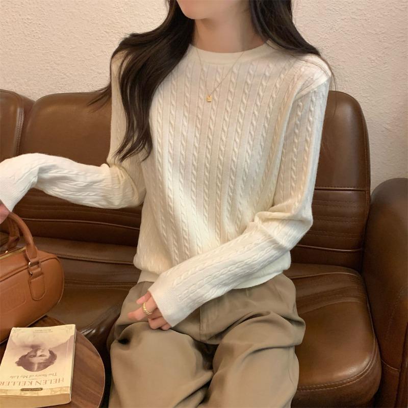 Crew Neck Knitted Top Women's Spring Soft Waxy Versatile Sweater Fashionable Twist Design Inner Bottoming Shirt