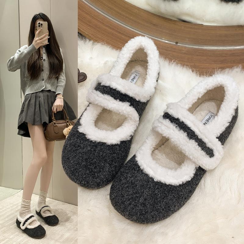 Mao Mao Shoes Winter Velvet Women's Shoes Wear Cotton Shoes To Keep Warm and Versatile Flat Shoes Fashionable Flip Hair Bean Shoes Maternity Shoes