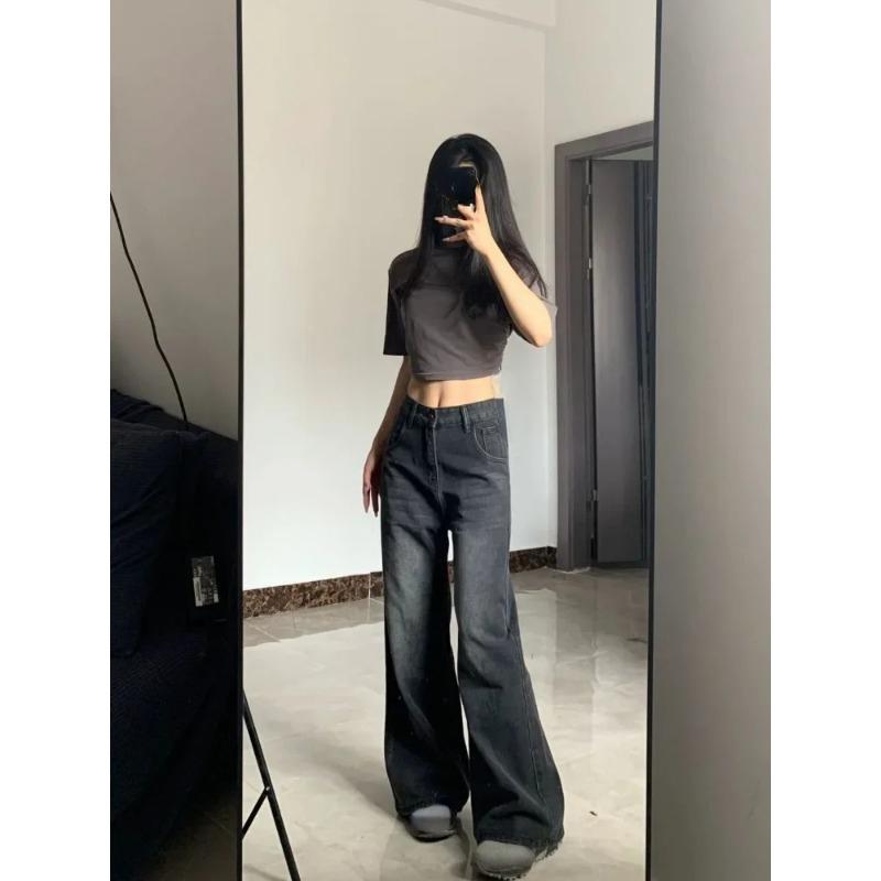 Vaqueros negros Vintage de cintura alta para mujer, ropa de calle Grunge Y2k de los años 90, pantalones vaqueros rectos lavados informales de moda coreana