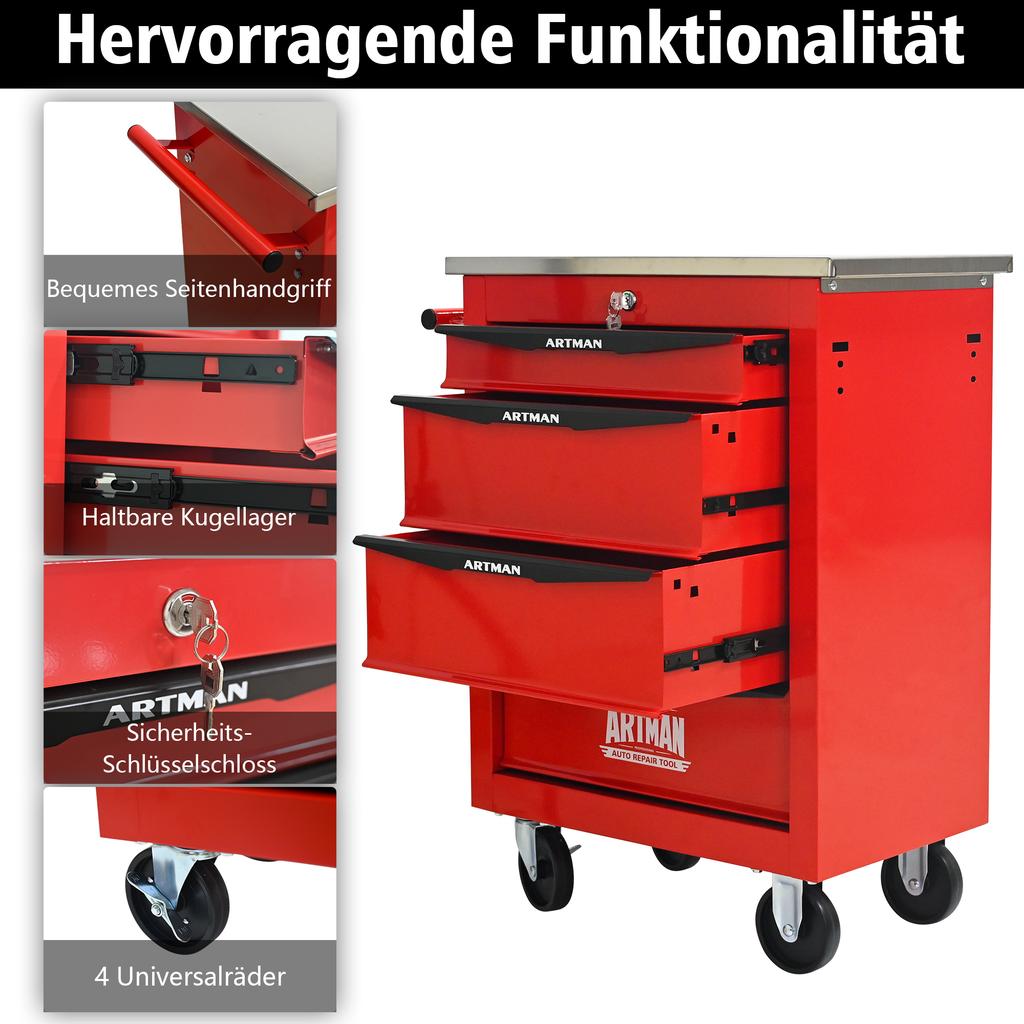 4-Drawer Multifunctional Tool Trolley with Casters, for Garage, Workshop, Warehouse and Repair Shop – with Stainless Steel Worktop – Color: Red