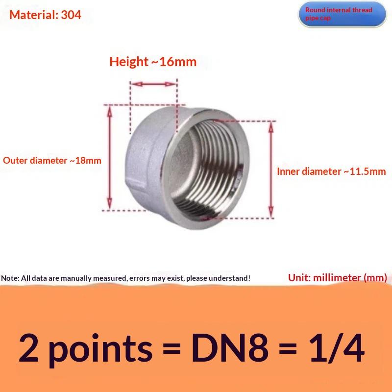 Internal Thread Pipe Cap Plug Wear Resistant 304 Stainless Steel Inner Wire Pipe Fitting for Agricultural Irrigation Pipes