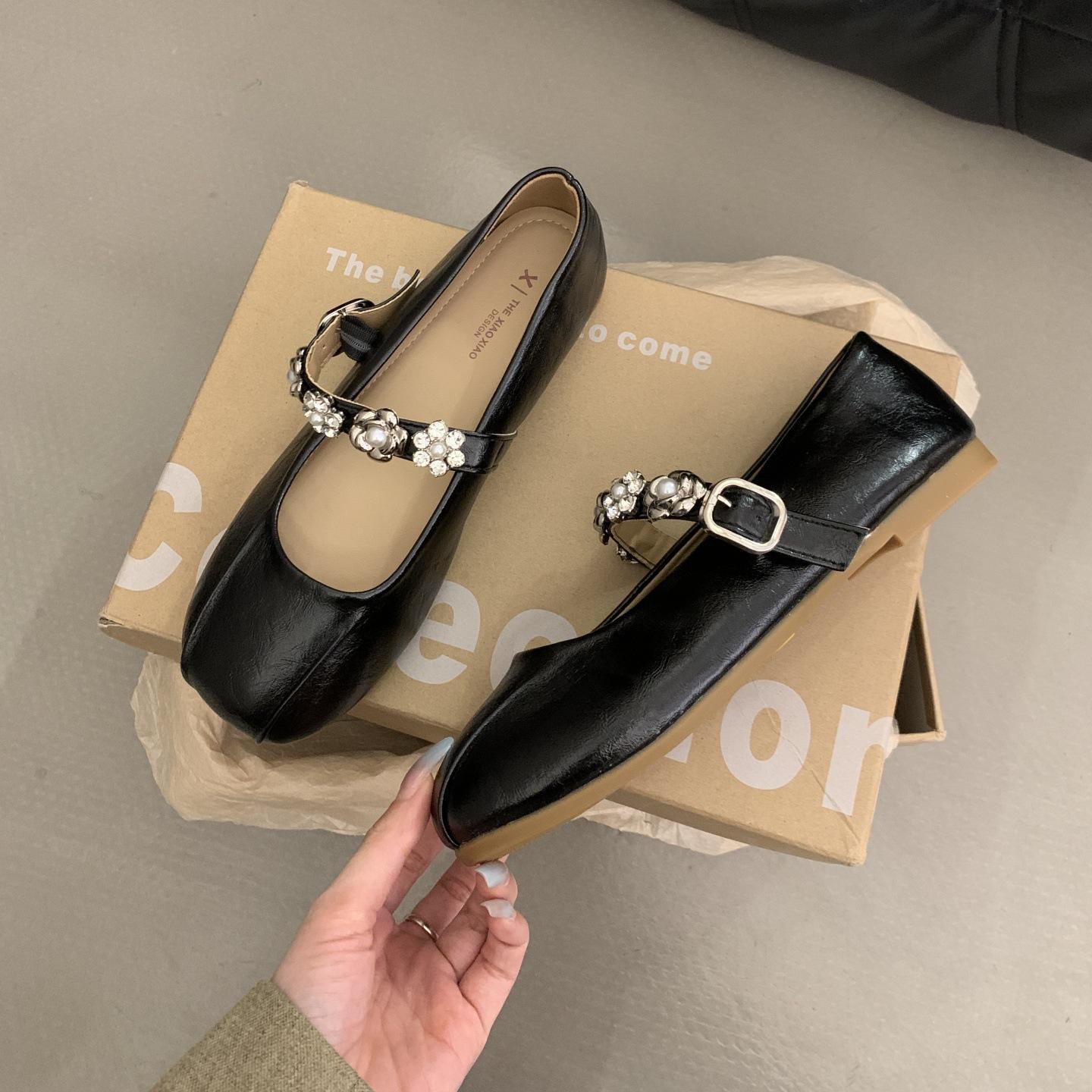 

French flats silver single shoes women s 2025 new summer skirt Mary Jane small leather shoes ballet evening shoes 40 чёрный