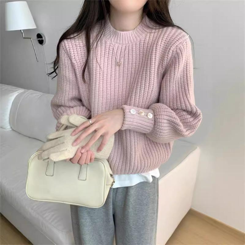 New autumn and winter solid color thickened lantern sleeve pullover sweater women's design sense fashion inside knitted sweater tide