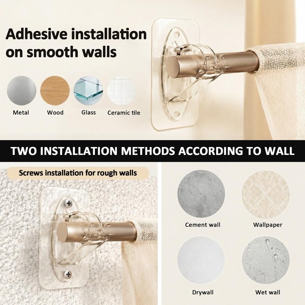 2pcs/set No Drill Curtain Rod Brackets Adhesive & Screw Dual Use Curtain Rod Bracket  Home Office