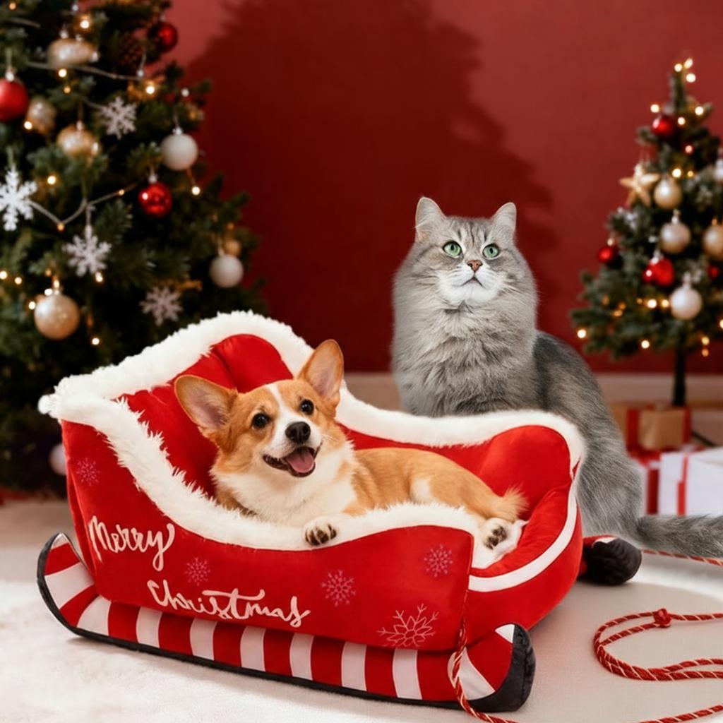 Festive Plush Cosy Dog Cat Beds W/ Non Slip Base Xmas Warm Pet Bed Pad Mat Xmas Festive Insulated Nest for Puppy Indoor Outdoor