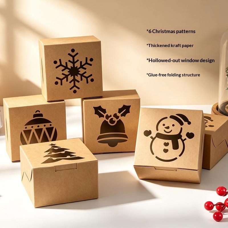 6Pcs Kraft Paper Christmas Gift Boxes 6 Assorted Hollow Carved Patterns For Holiday Gift Wrapping Party Favors Decor