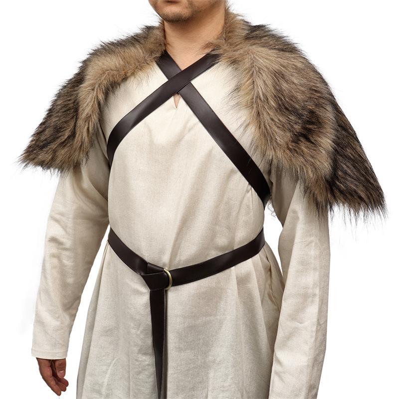 Mantello Medievale in Finta Pelliccia con Collo a Cinturino sul Petto per Uomo Guerriero Vichingo Costume Cosplay di Halloween Mantello Retro Coprispalle